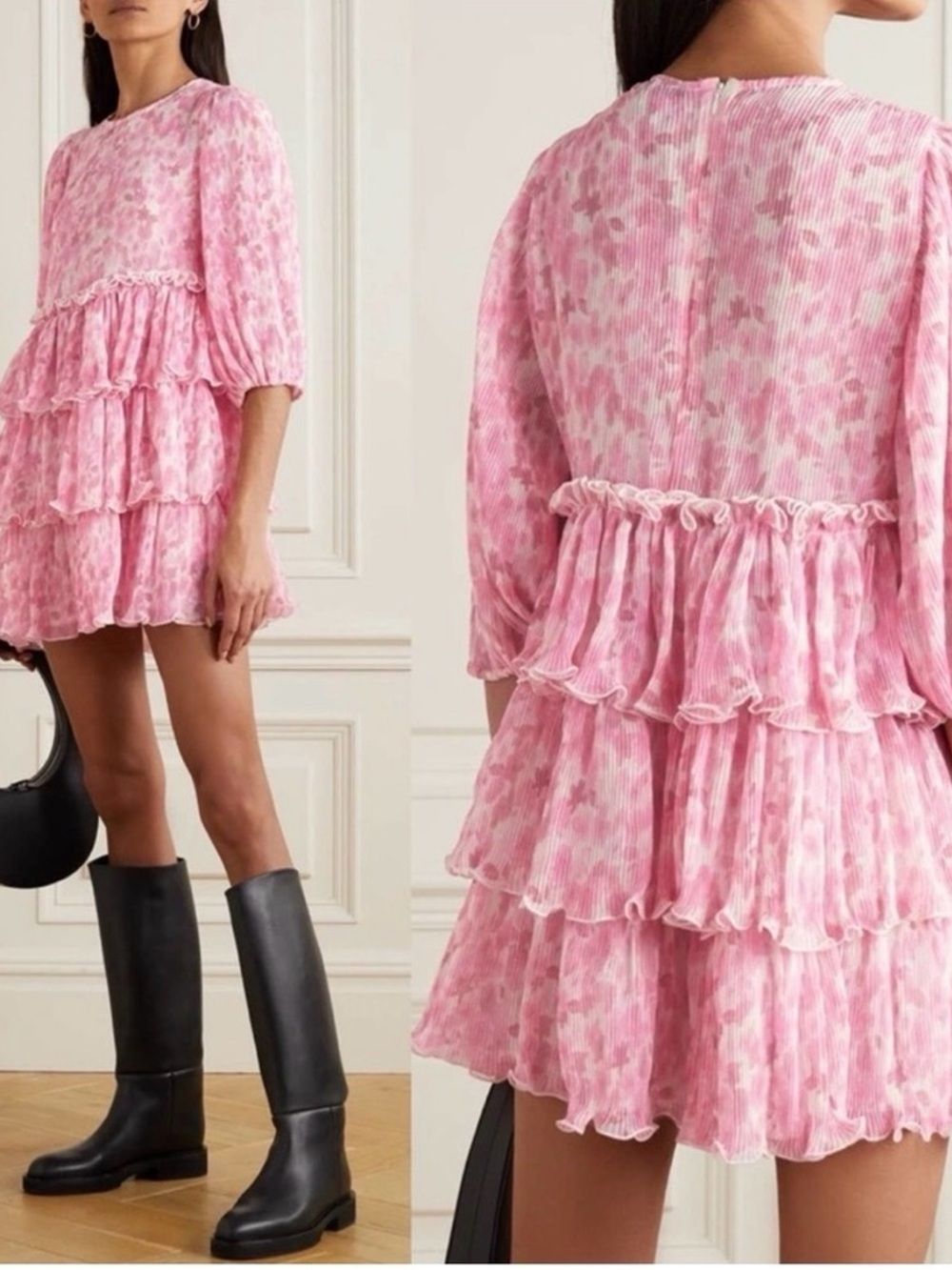 Ganni Pink Printed Ruffle Neck Mini Dress Size 38